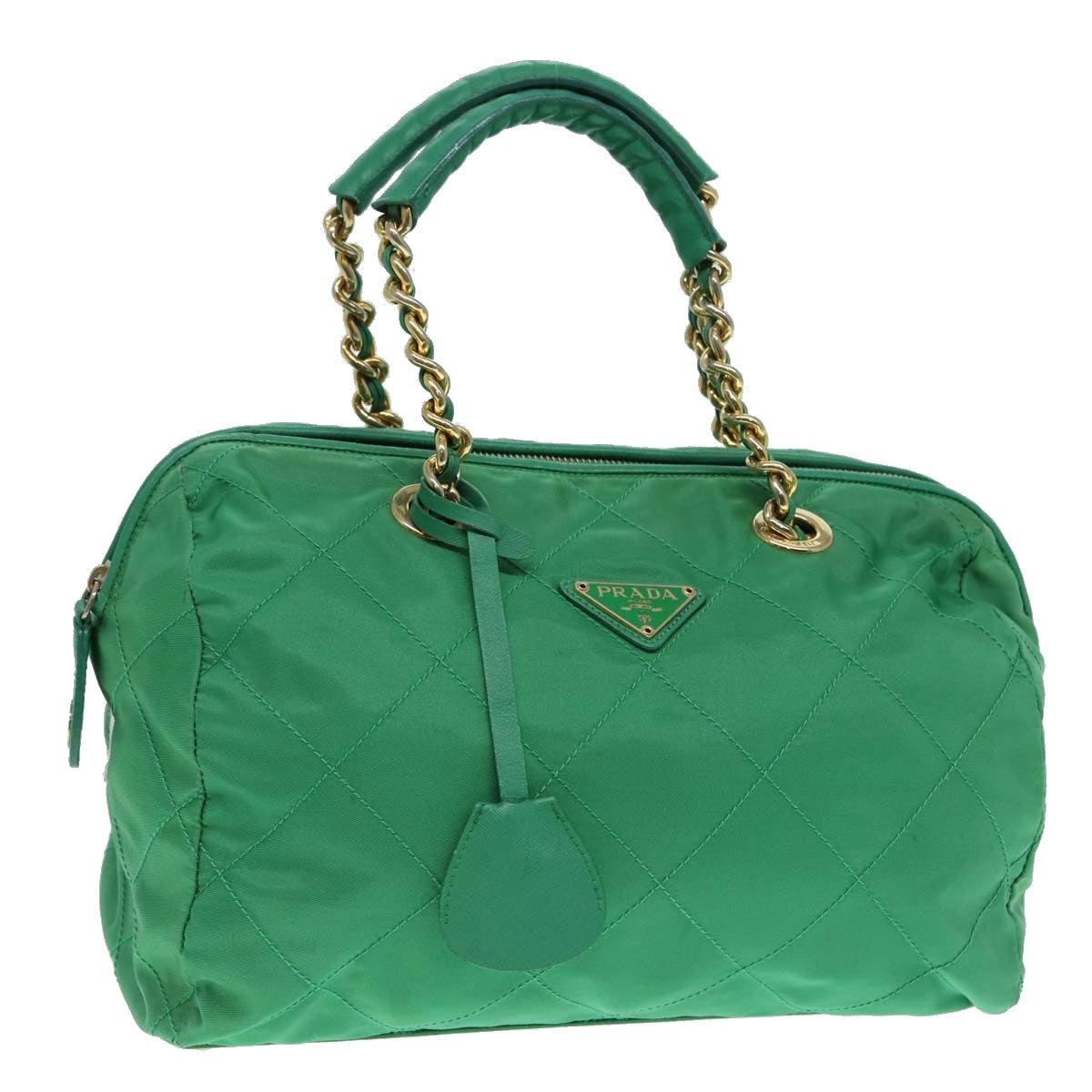 Prada Hand Bag Auth Nylon Green Gold Travel Bag