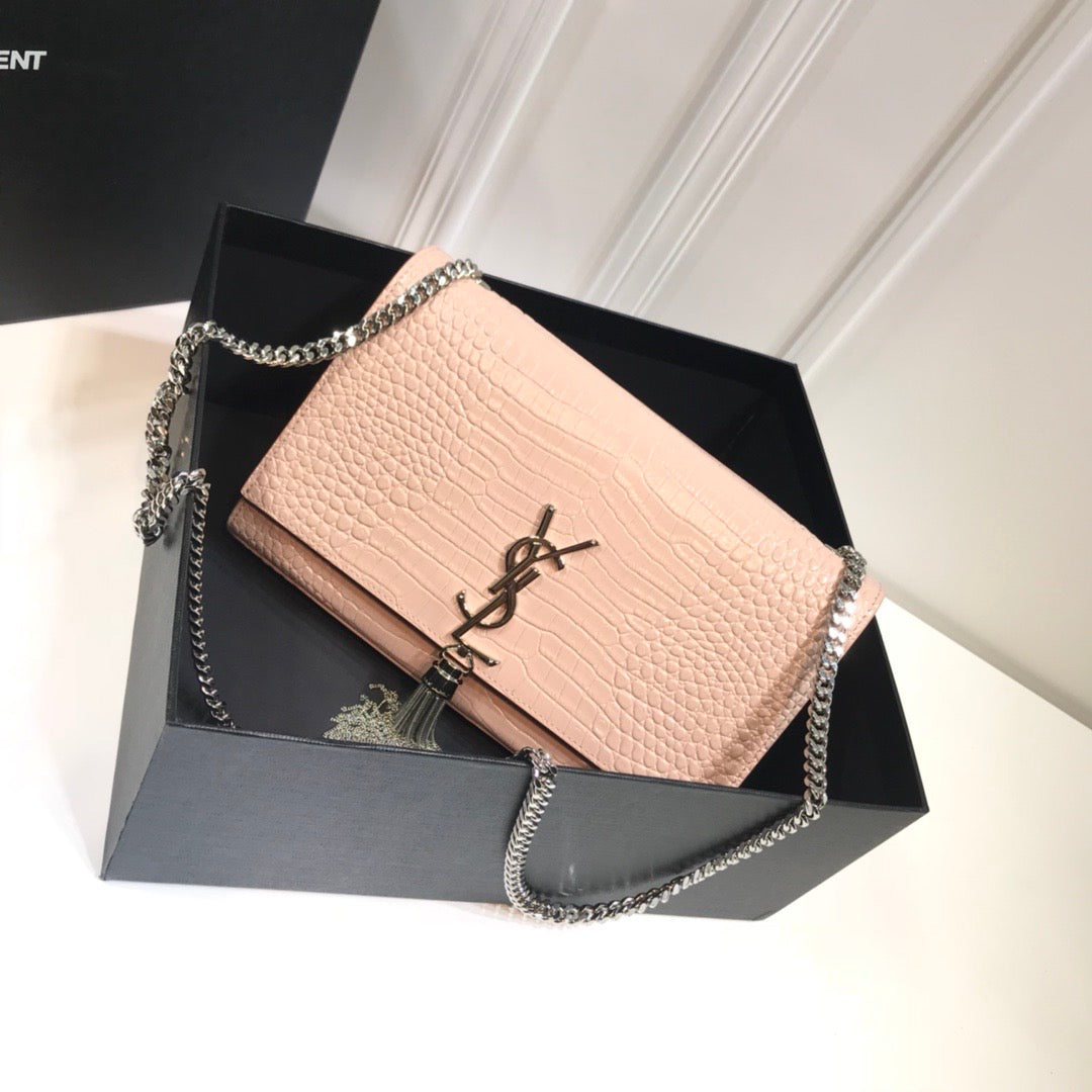 YSL Saint Laurent Kate Tassel Embossed Crocodile Dark Beige Medium Chain Handbag