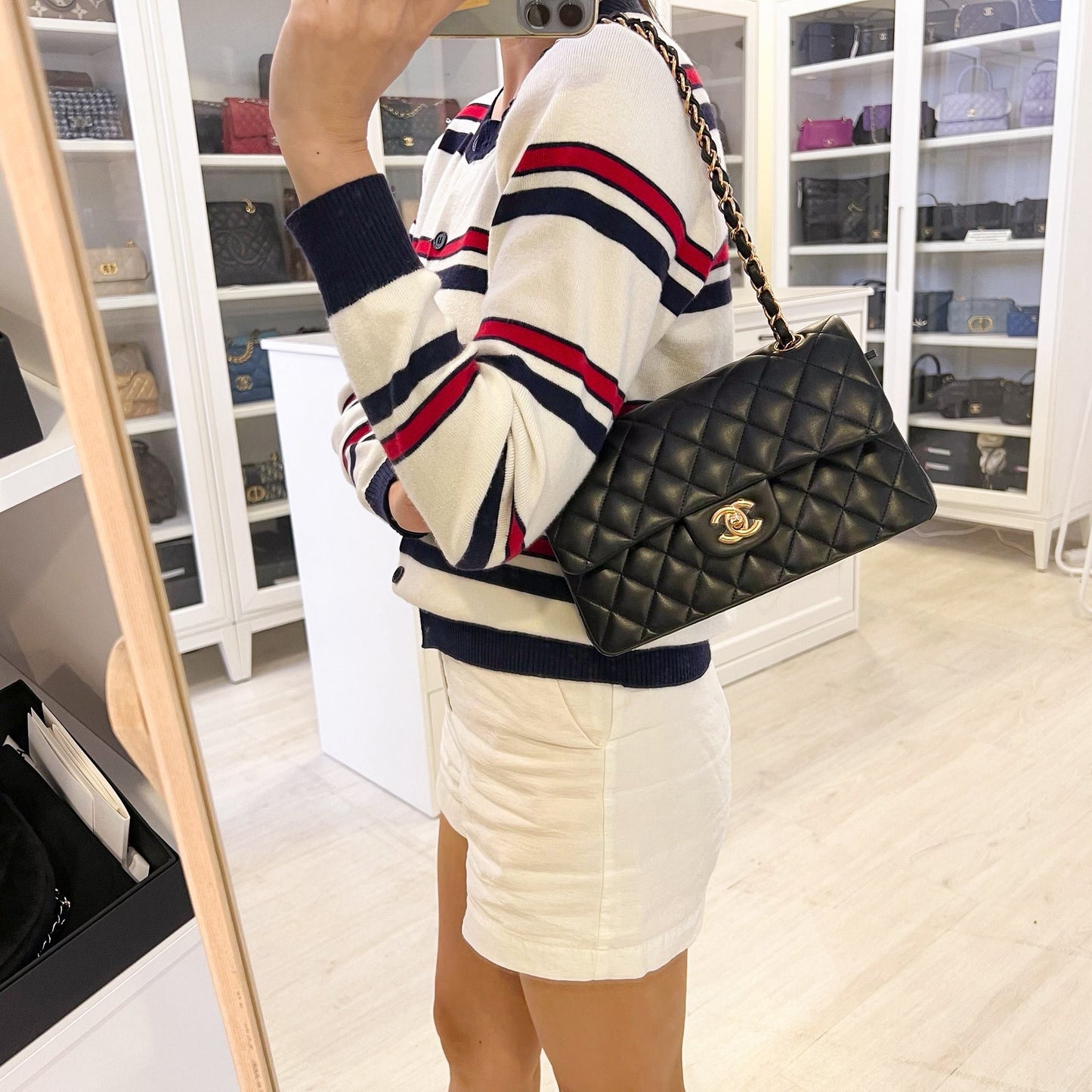 Chanel Small Classic Flap CF in Black Lambskin and Rose Gold HW Accessory
