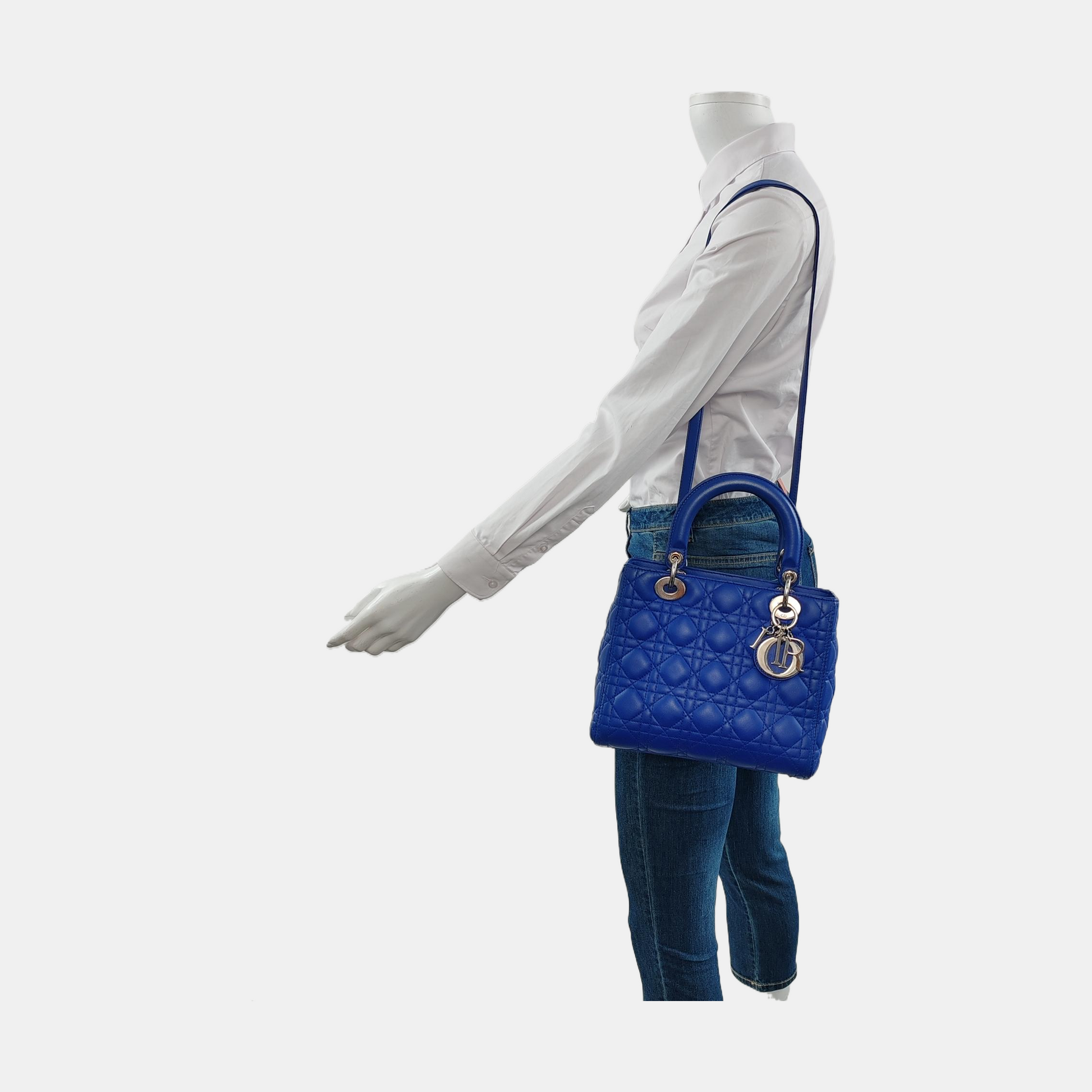 Dior Lady Medium Royal Lambskin Hardware Handbag Leather Blue Travel Bag