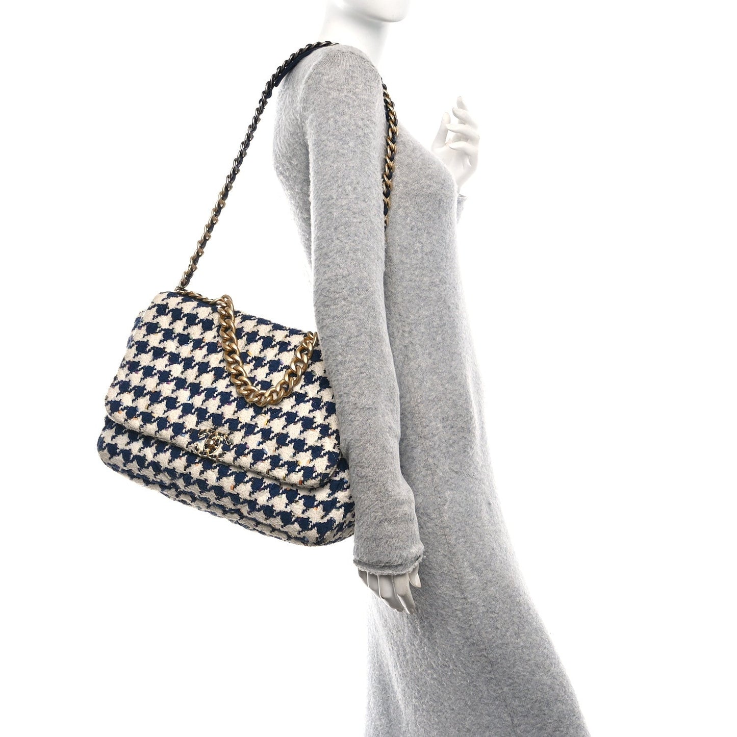 Chanel Tweed Quilted Maxi 19 Flap Ecru Navy Blue Multicolor Accessory
