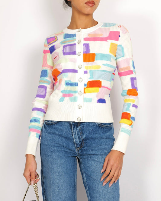 Chanel Spring 2019 White and Multi-Colour Ribbed Cardigan with Silver and White CC Logo Buttons Size FR 38 (UK 10) Apparel