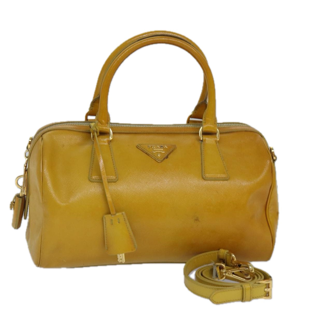 Prada Hand Bag Safiano 2Way Auth Leather Gold Yellow Travel Bag
