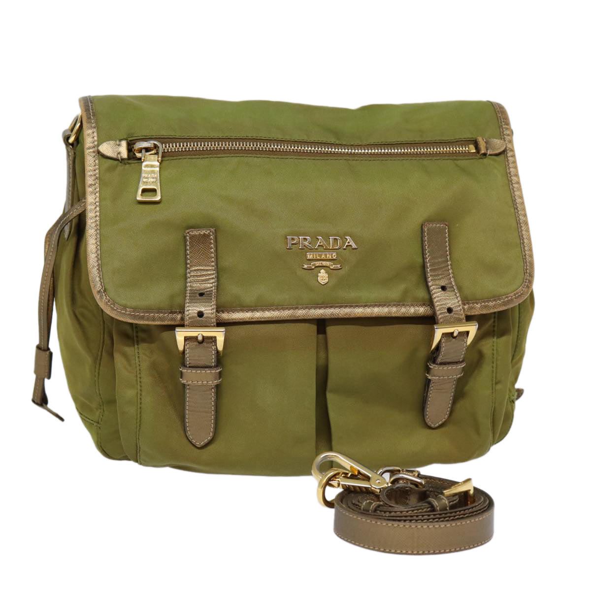 Prada Shoulder Bag Khaki Auth Nylon Gold