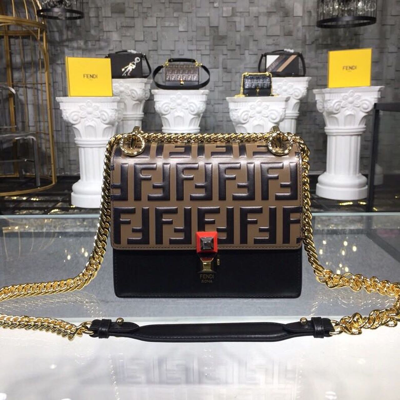 Fendi Top QualityTop Quality FF Logo Black Brown Gold Chain Handbag