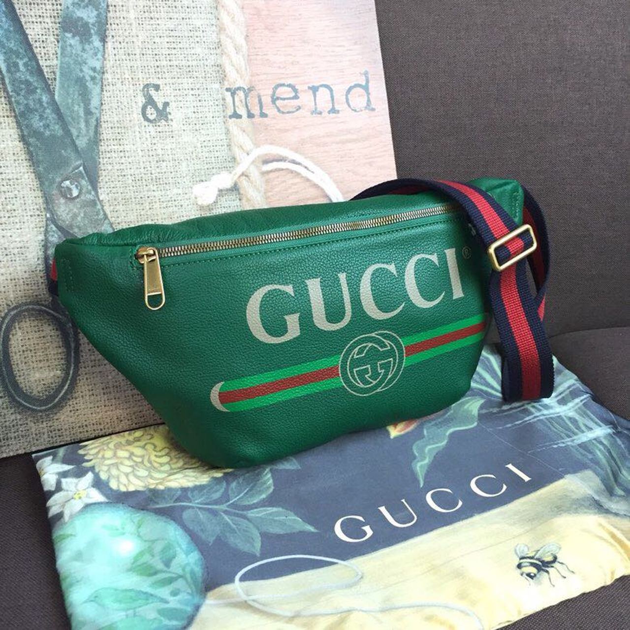 gg Print Waist Belt Men Green Accessory