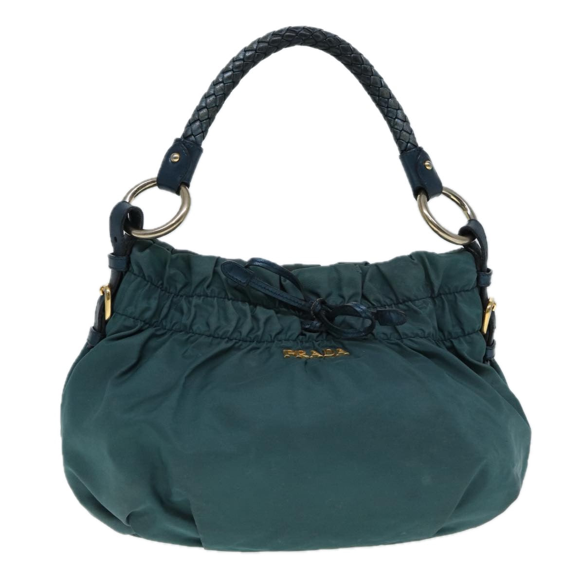 Prada Hand Bag Auth Nylon Green Gold Travel Bag Gold Auth 88089
