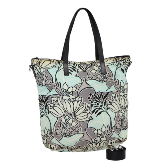 Prada Flower Tote Bag 2Way Light Auth Nylon Black Blue