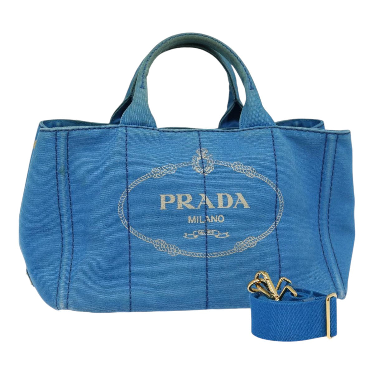 Prada Canapa Mm Hand Bag 2Way Auth Canvas Blue Gold Travel Bag