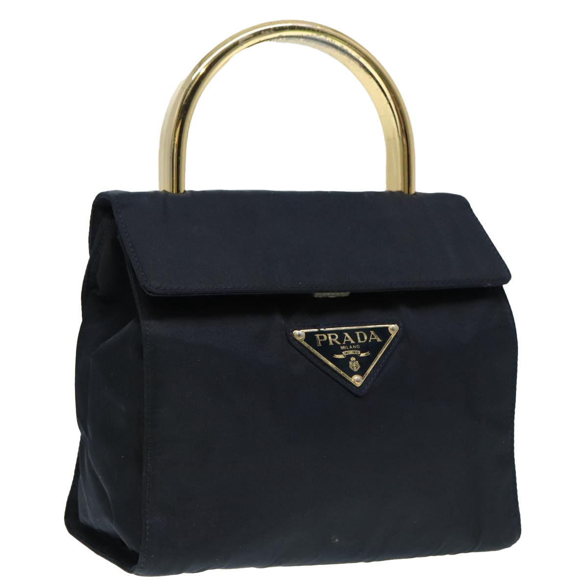 Prada Hand Bag Auth Nylon Gold Navy Travel Bag Gold Auth 88719