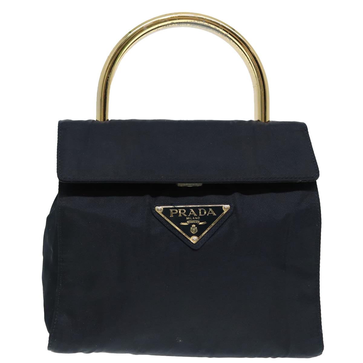 Prada Hand Bag Auth Nylon Gold Navy Travel Bag Gold Auth 88719