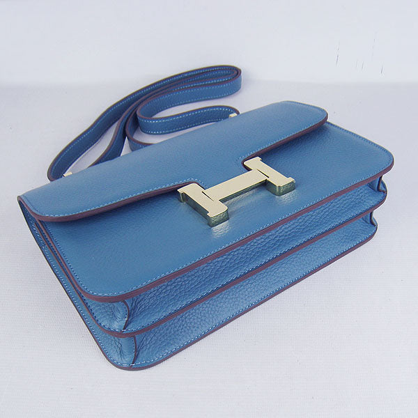 Hermes Luxury Calf Message Bag H Golden Leather Blue Travel Bag