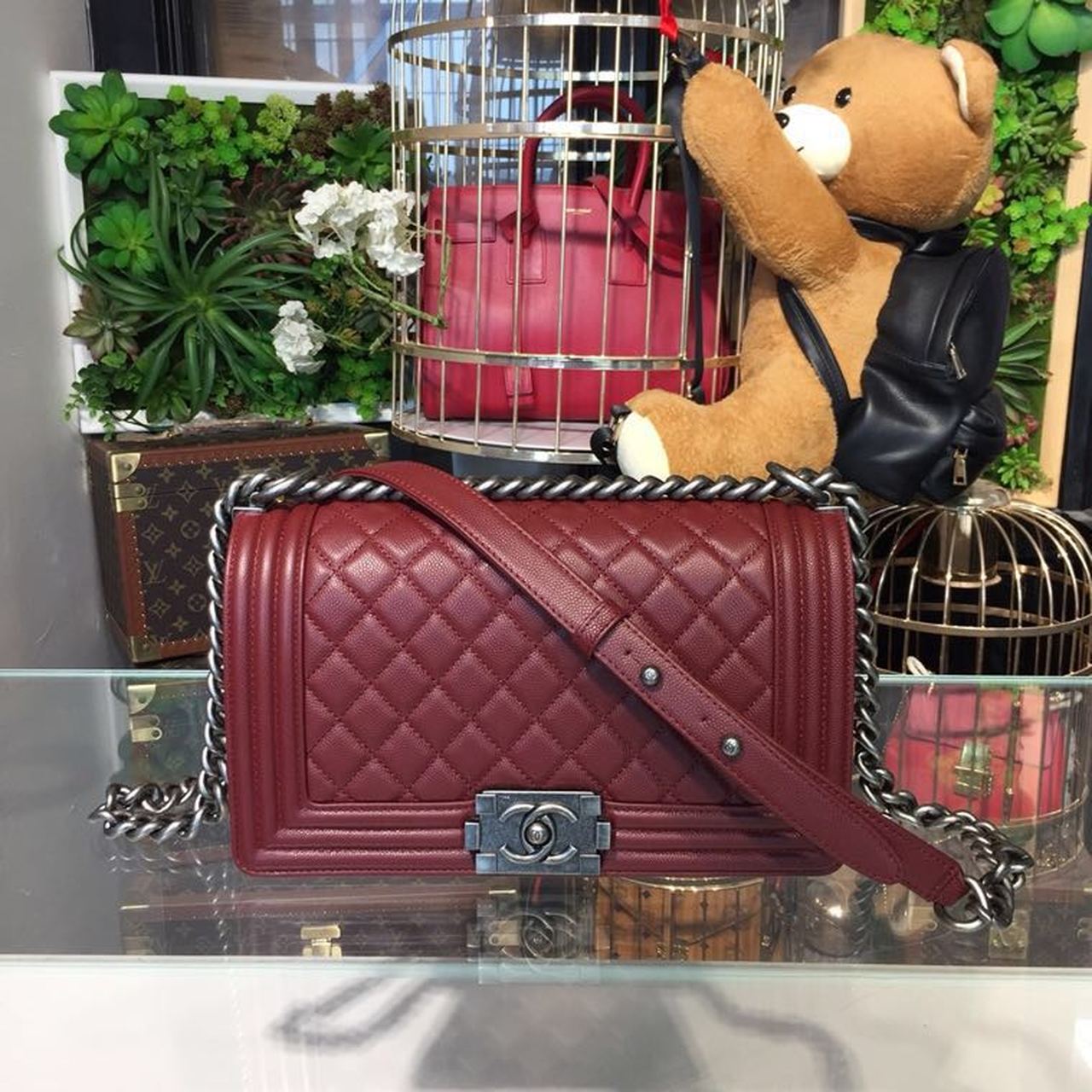 CHL Boy Hardware Burgundy , Silver Crossbody Bag 98In25Cm A67086