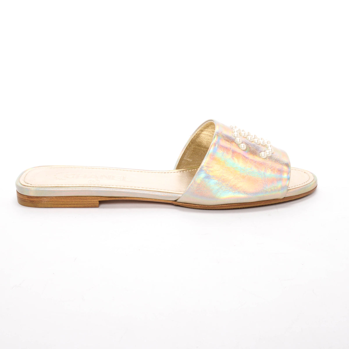 Chanel Champagne Iridescent Leather CC Pearl Slides 39 Shoes