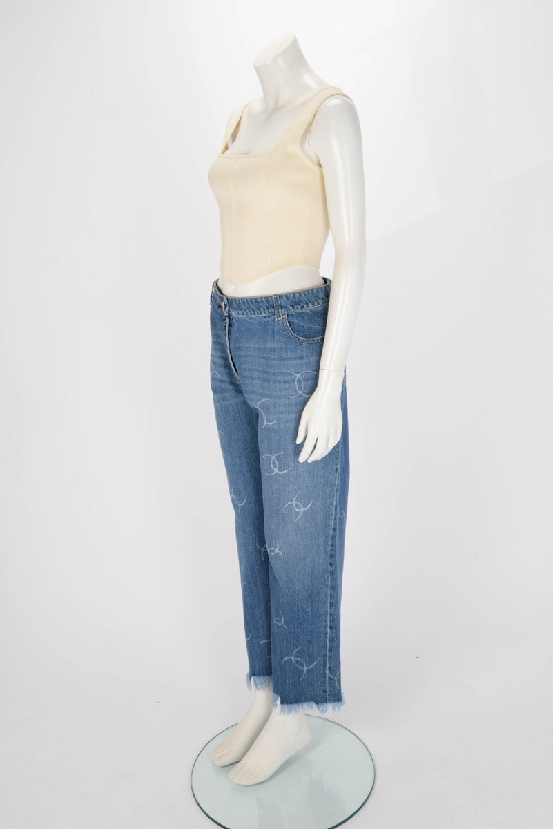 Chanel Blue Denim CC Frayed Hem Jeans FR 50 Apparel