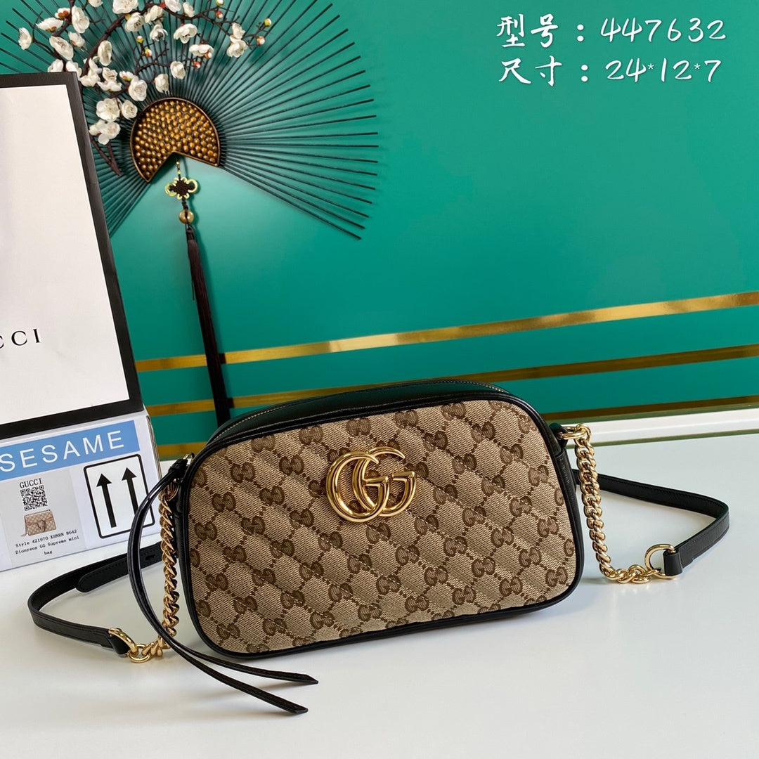 gg Marmont Shouder Ebony Diagonal Canvas Beige Small Handbag