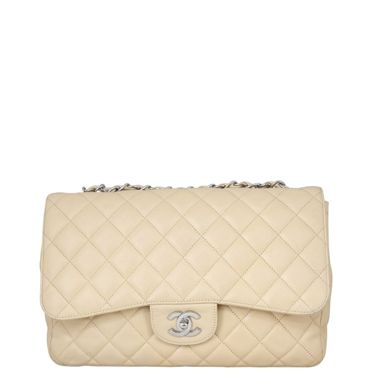Chanel Classic Single Flap Jumbo Hardware Handbag White Beige
