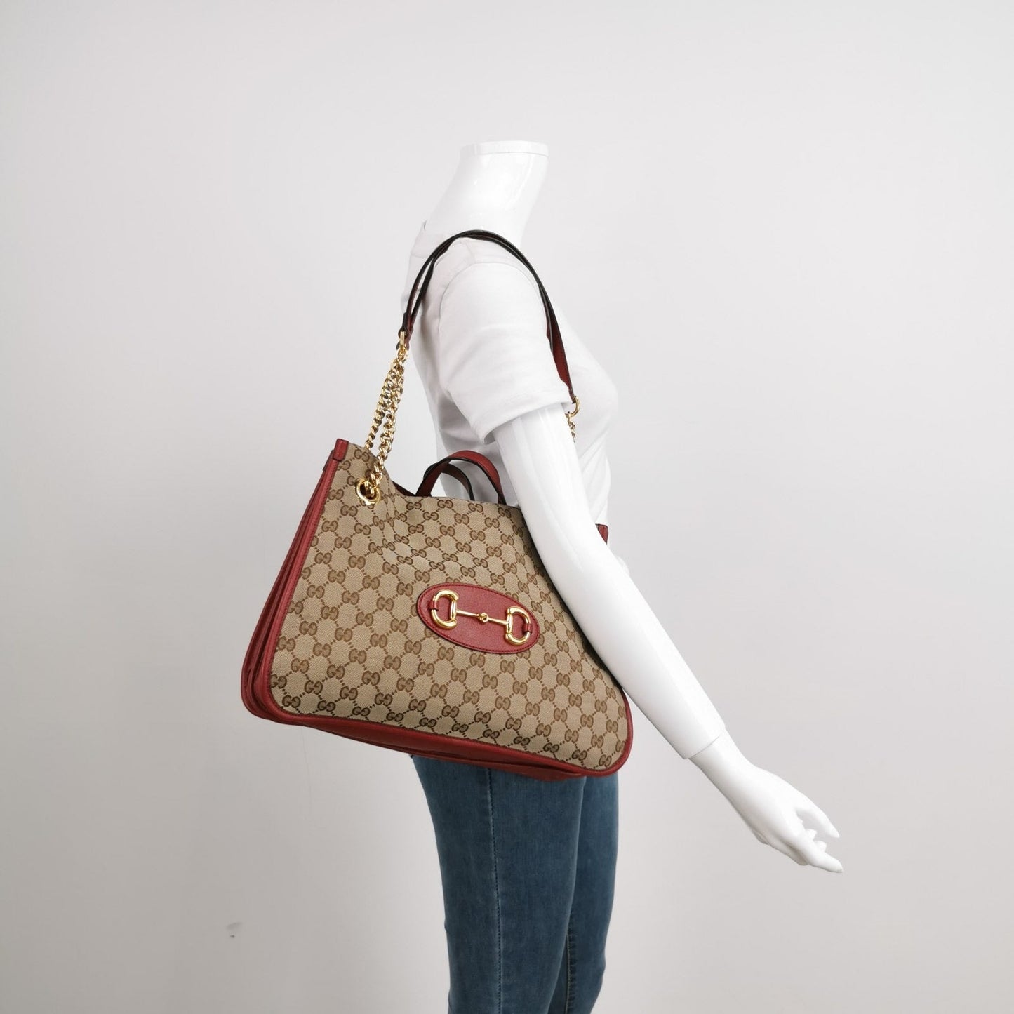 Gucci Horsebit Chain Red Monogram Leather Canvas Brown Tote Bag