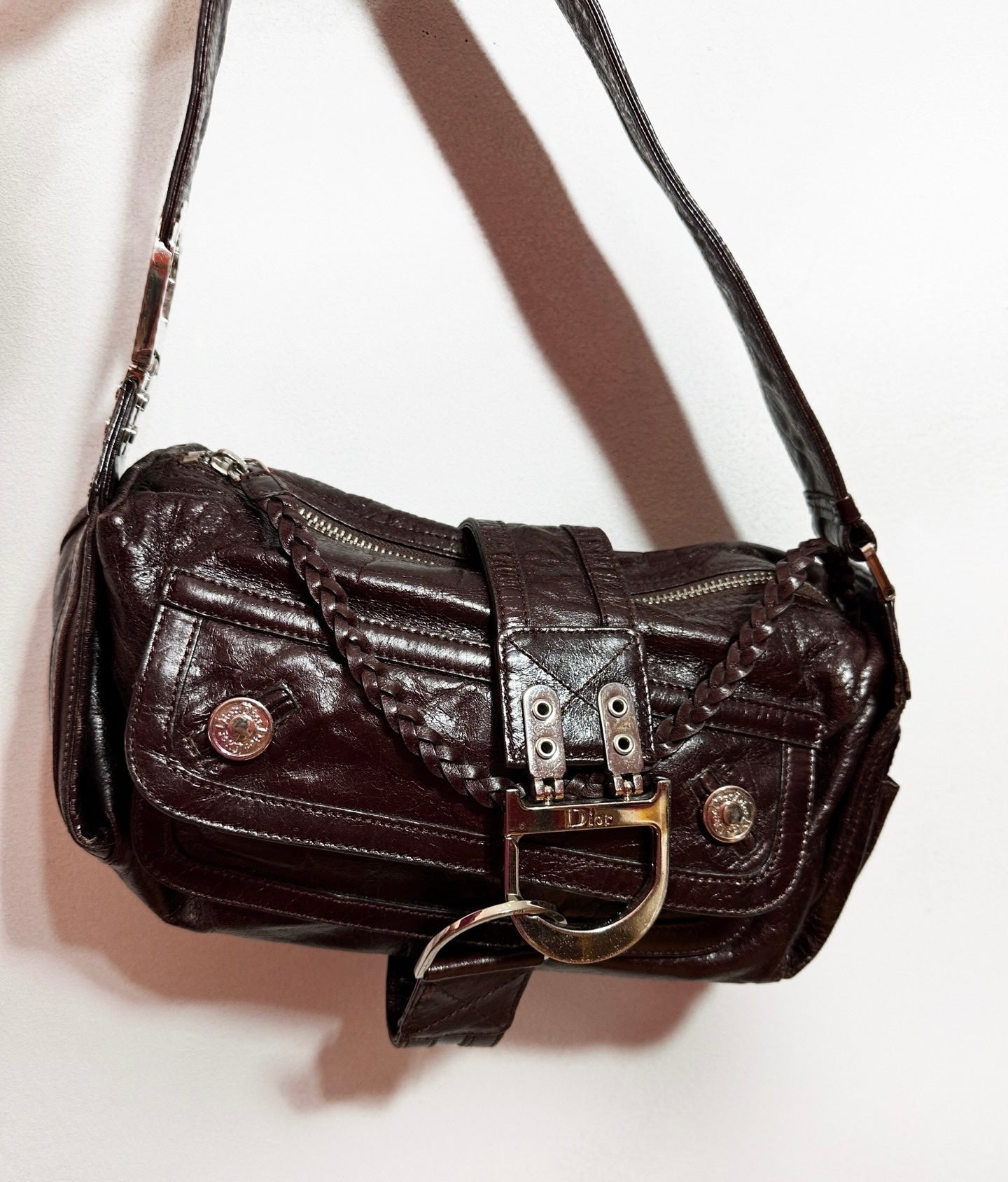 Dior Flight Shoulder Bag Wine Burgundy Crumpled Patent Leather Medium