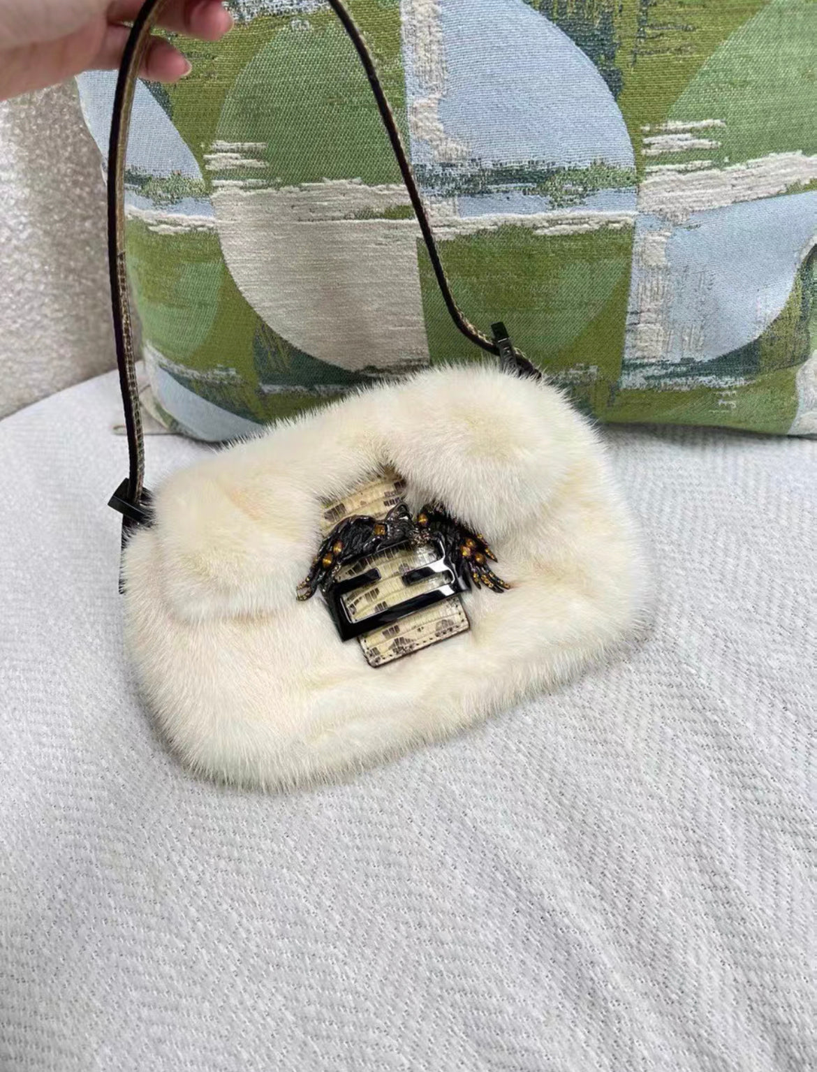 Fendi Rare Baguette Bag Fur With Lizard And Crystals Shoulder Bag