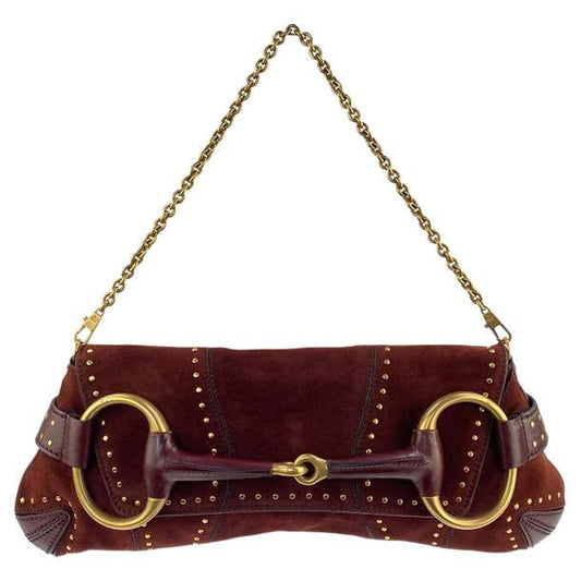 Gucci Horsebit Burgundy studs Leather Suede Gold Chain Travel Bag