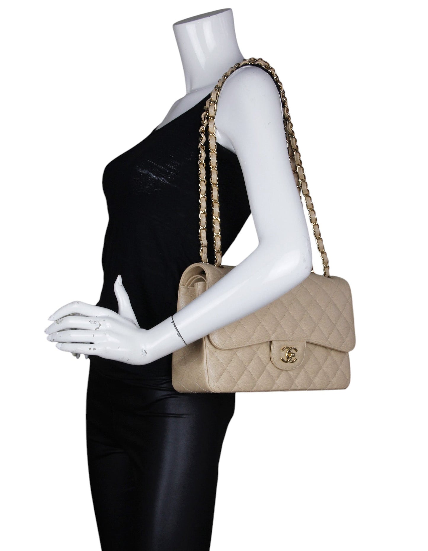 Beige Caviar Leather Double Flap Jumbo Bag Signature