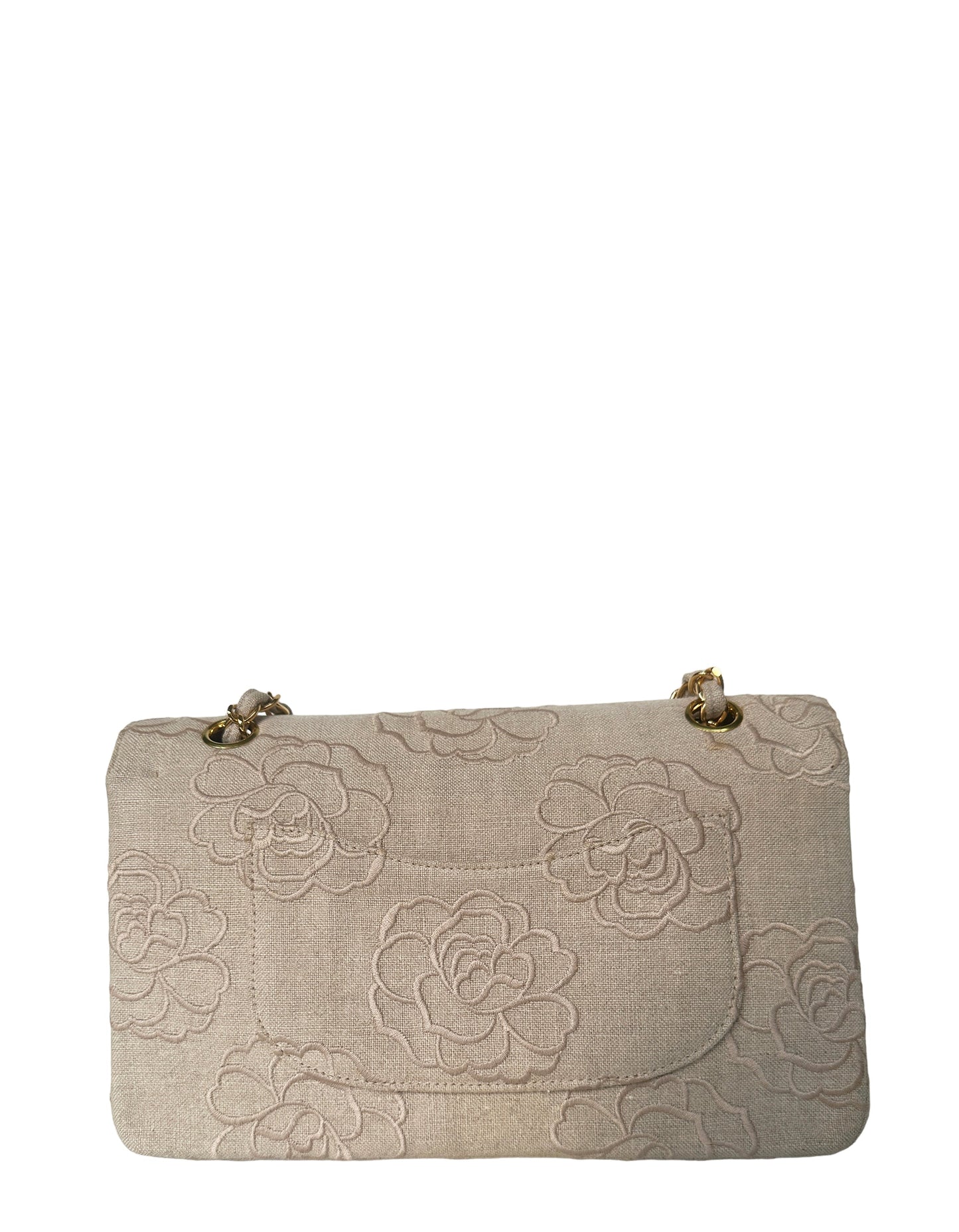 Chanel Ivory Canvas Camellia Embroidered Double Flap Classic Bag