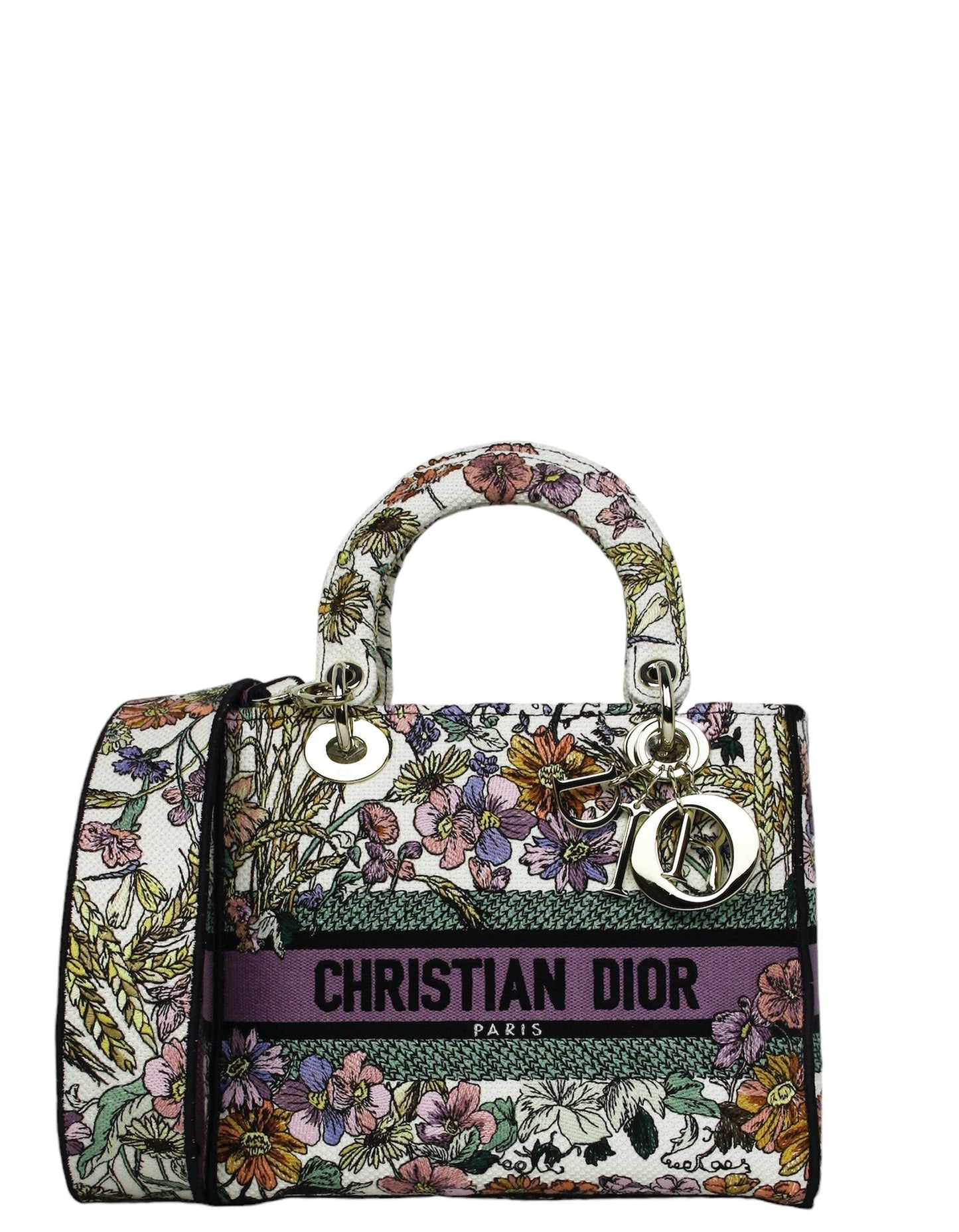 Dior Handbag Christian Floral Embroidered Lady D-Lite Leather Canvas White Crossbody Bag