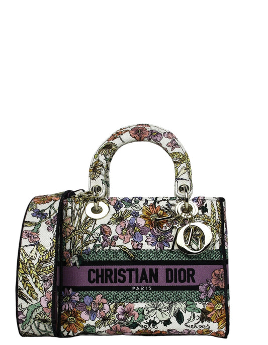 Dior Handbag Christian Floral Embroidered Lady D-Lite Leather Canvas White Crossbody Bag