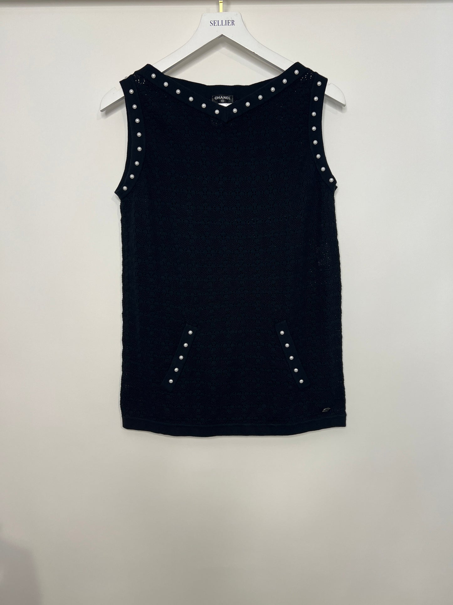 Chanel Navy Crochet Vest Top with Pearl Trim and Front Pocket Detail FR 34 (UK 6) Accessory