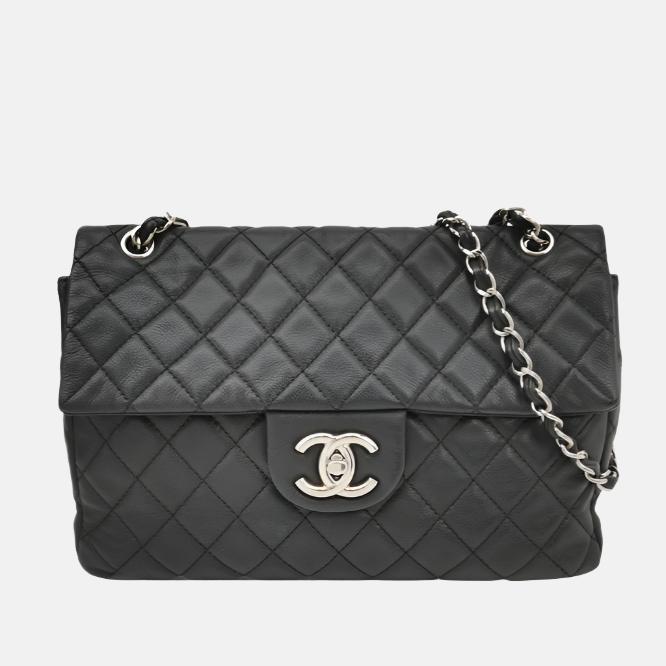 Chanel Classic Flap Maxi Soft Caviar -tone Black Silver Leather Handbag Logo 1