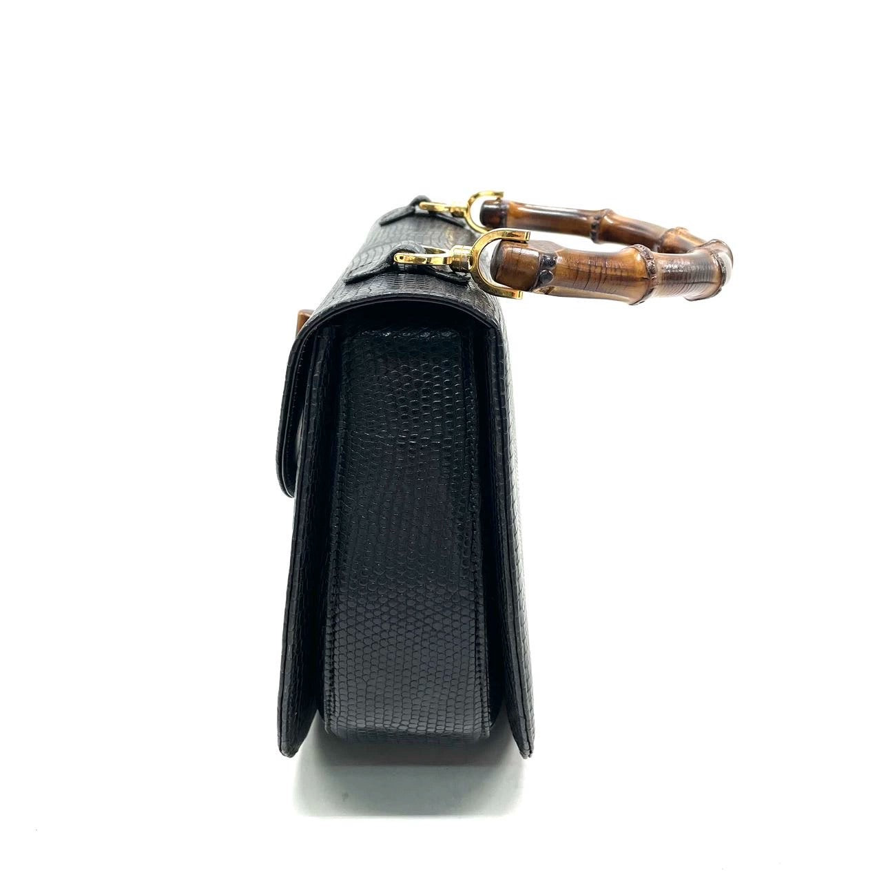 Gucci Bamboo Rare Lizard-skin Strap Leather Black Large Travel Bag