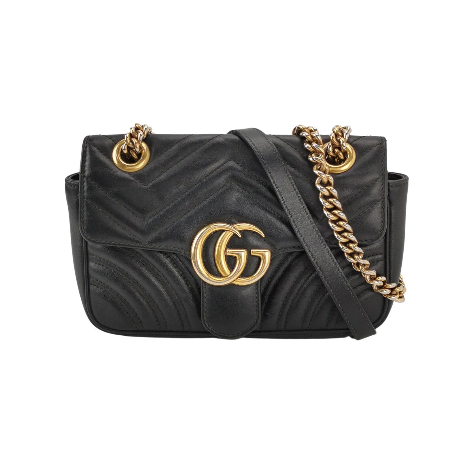 Gucci Marmont Flap Hardware Leather Calfskin Black Gold Travel Bag