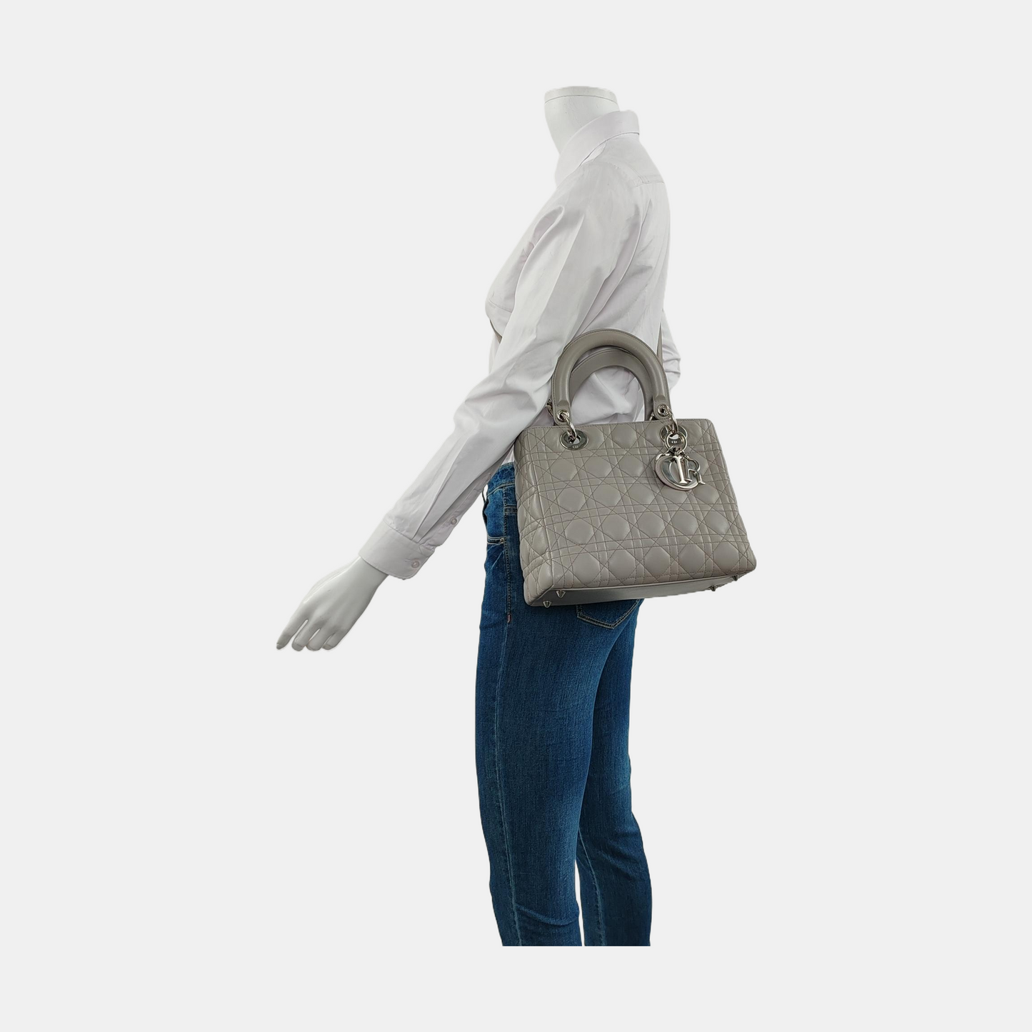 Dior Lady Grey Lambskin Hardware Strap Handbag Leather Silver Travel Bag