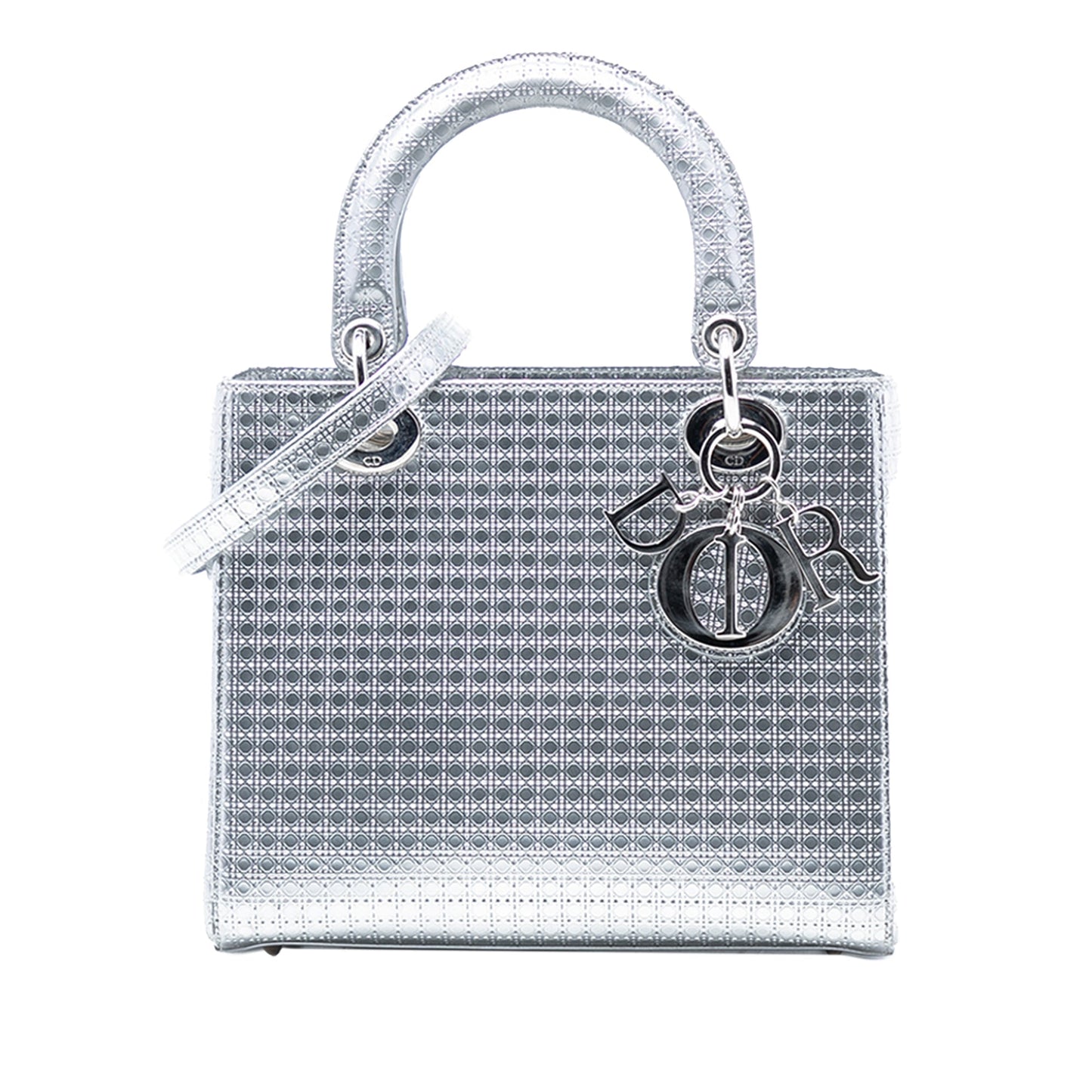 Dior Handbag Metallic Microcannage Lady Satchel 2 Patent Silver Medium Satchel Bag