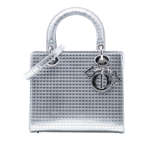 Dior Handbag Metallic Microcannage Lady Satchel 2 Patent Silver Medium Satchel Bag