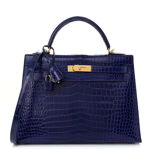 Hermes Shiny Porosus Crocodile Kelly Sellier Bleu Electrique Handbag Travel Bag