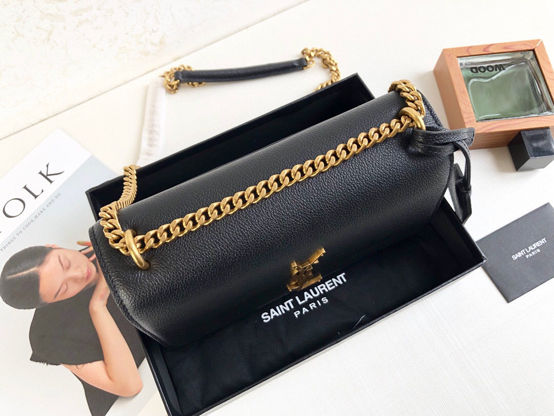 YSL Saint Laurent Sunset 8in 22cm Black Medium Chain Handbag