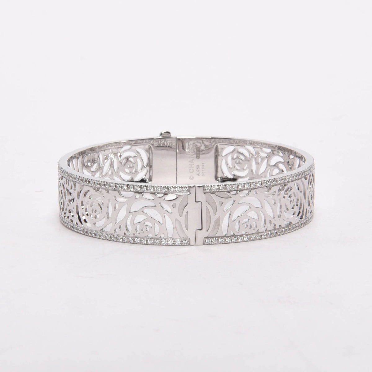 Chanel White Gold & Diamond Camellia Ajoure Bangle