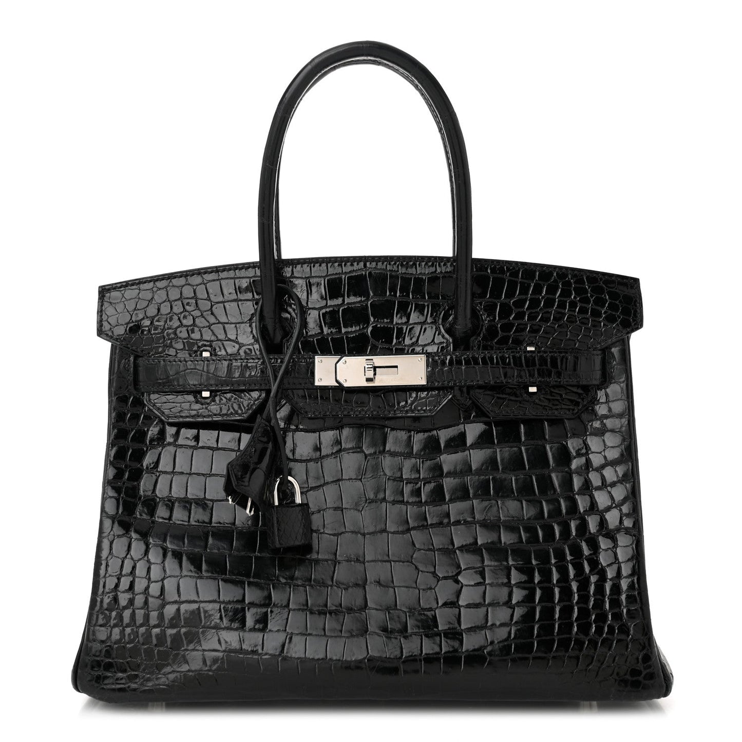 Hermes Shiny Porosus Crocodile Birkin Handbag Black Travel Bag 30 Black 1660674