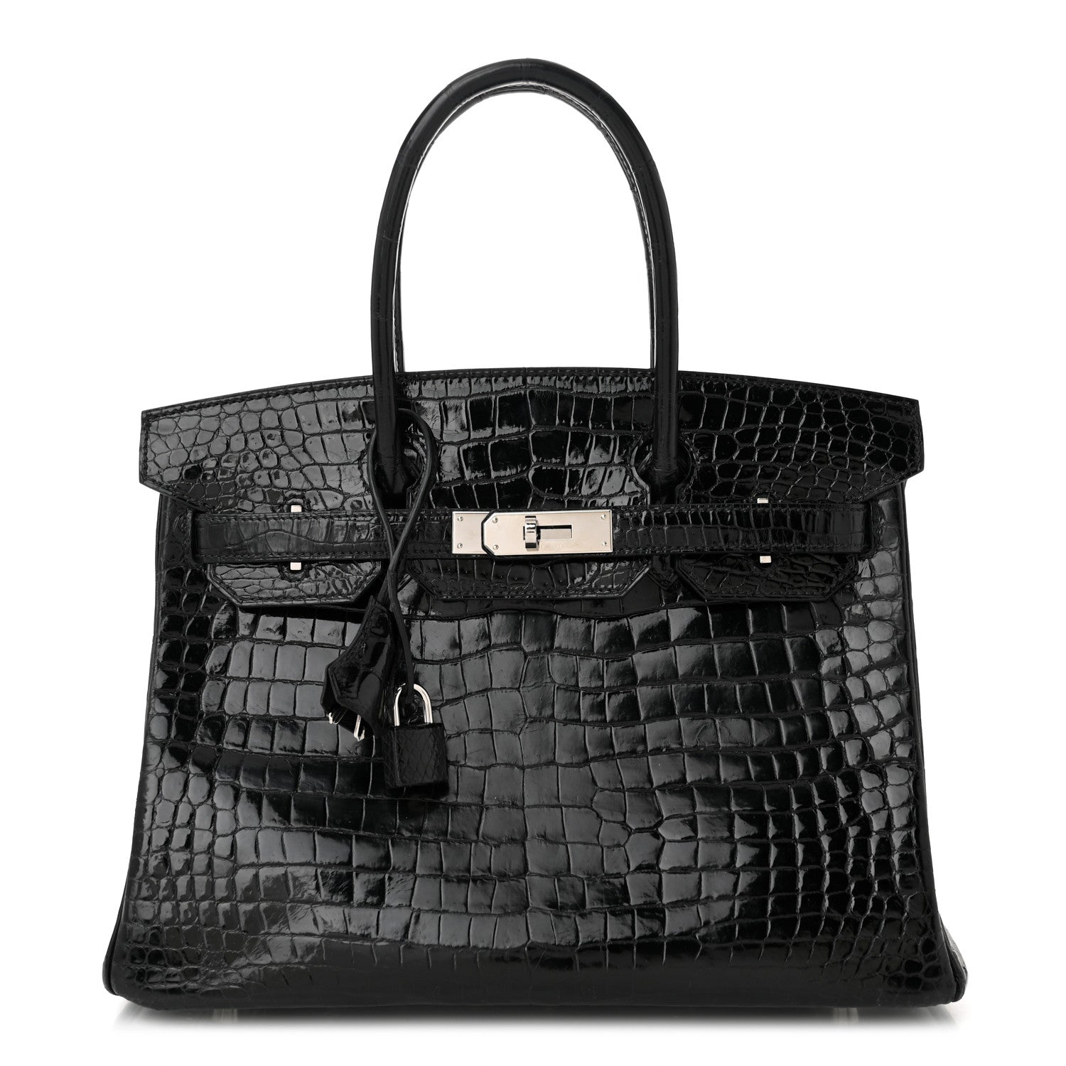 Hermes Shiny Porosus Crocodile Birkin Handbag Black Travel Bag 30 Black 1660674