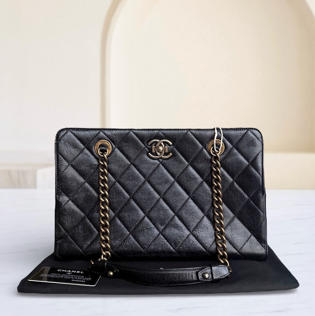 Chanel Shopping Tote - Calfskin Hardware Quilted Black Tote Bag