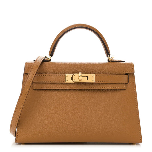 Hermes Chevre Mysore Verso Kelly Sellier Caramel Cacao Handbag Mini Travel Bag