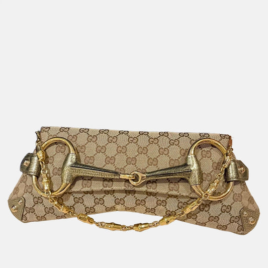 Gucci Horsebit Cloth Monogram Leather Beige Gold Shoulder Bag