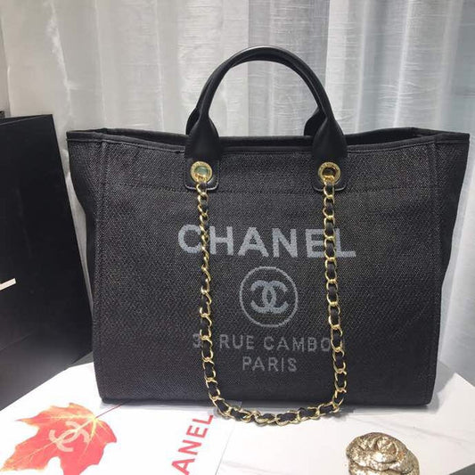 Chanel Deauville Tote Bag Grey Multi For Women Canvas Black