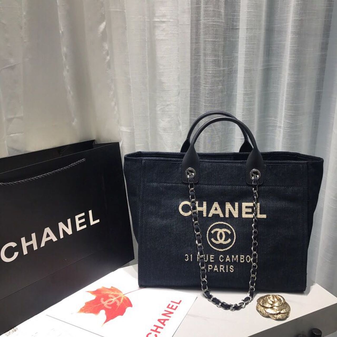 CHL Deauville Dark 14.9in 38cm Canvas Denim White Blue Tote Bag