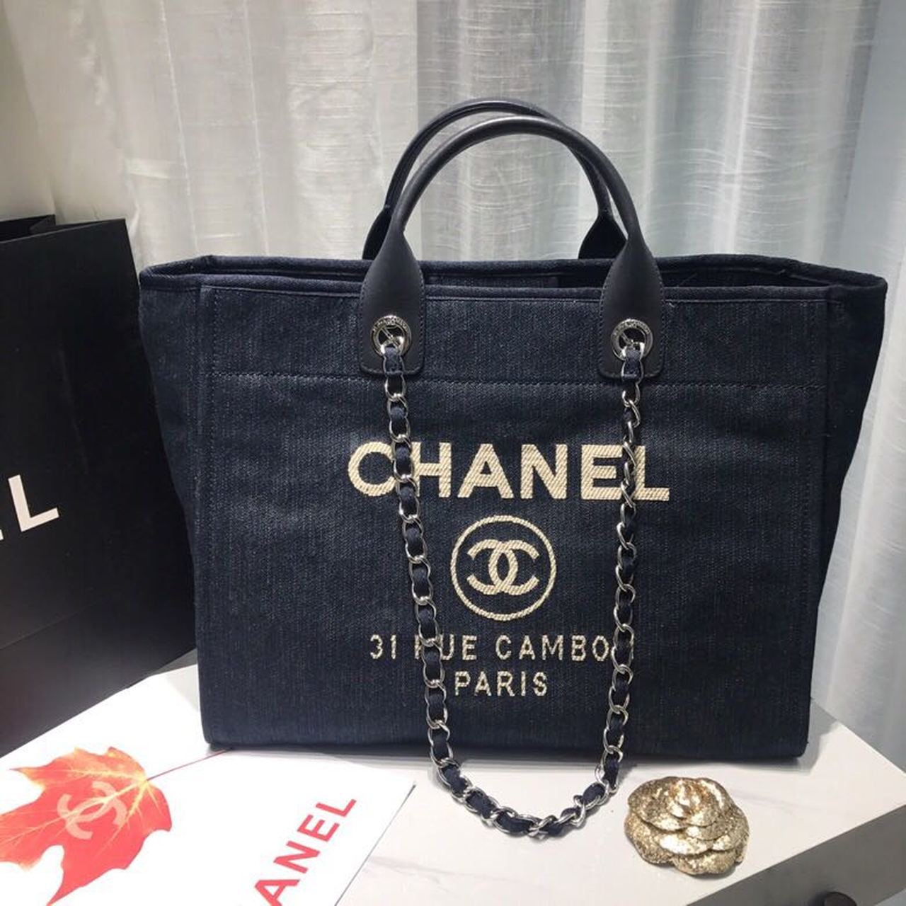 CHL Deauville Dark 14.9in 38cm Canvas Denim White Blue Tote Bag