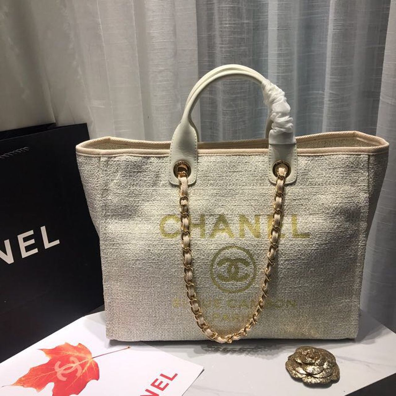CHL Deauville Tweed Fall Winter Canvas Beige Gold Cream Tote Bag