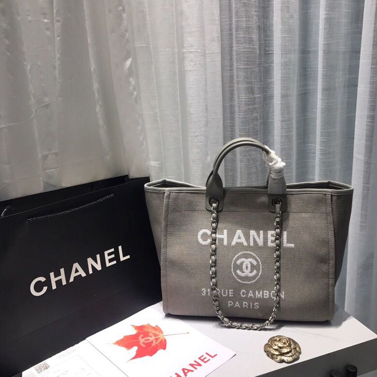 CHL Deauville Tweed Fall Winter Canvas White Grey Tote Bag