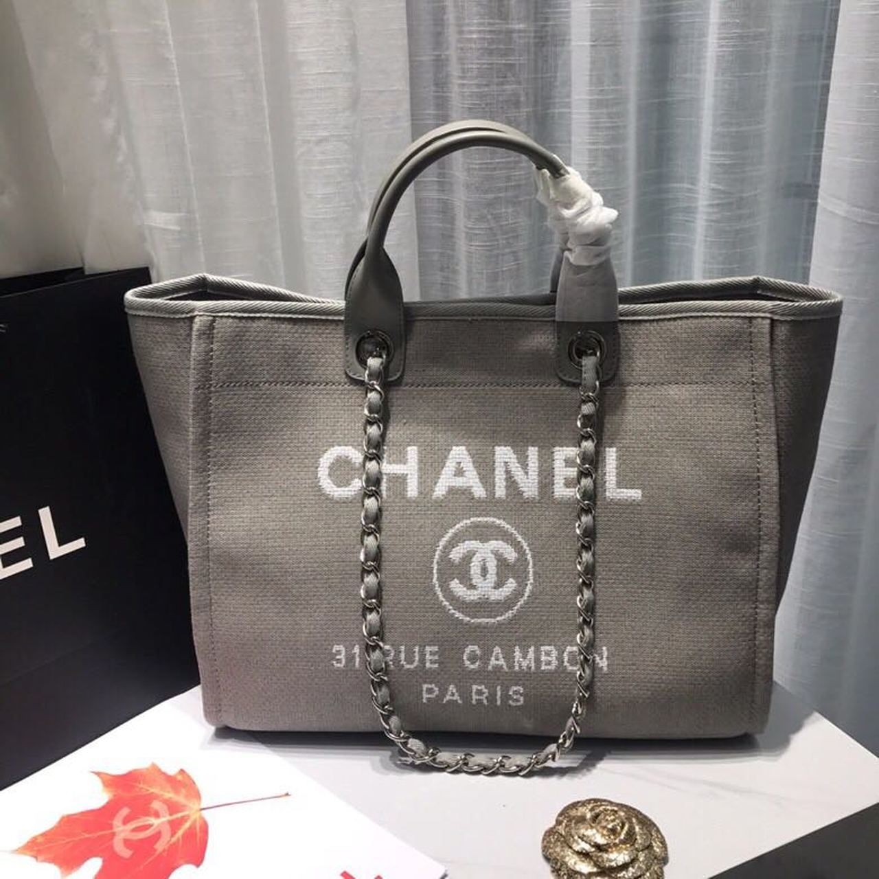 CHL Deauville Tweed Fall Winter Canvas White Grey Tote Bag